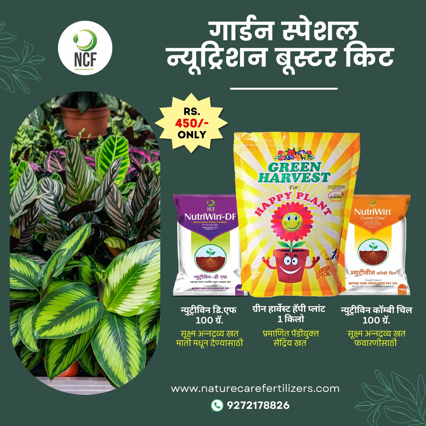 Nature Care Fertilizers plant booster fertilizer pack with NutriWin-DF, Green Harvest Happy Plant, and NutriWin Combo for healthy plants