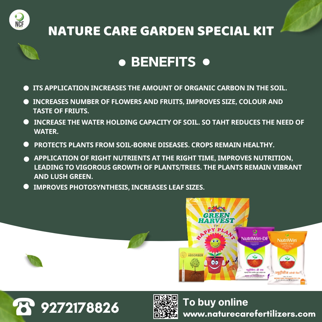 Nature Care Fertilizers organic garden fertilizer kit with multiple bags highlighting benefits for healthy plant growth