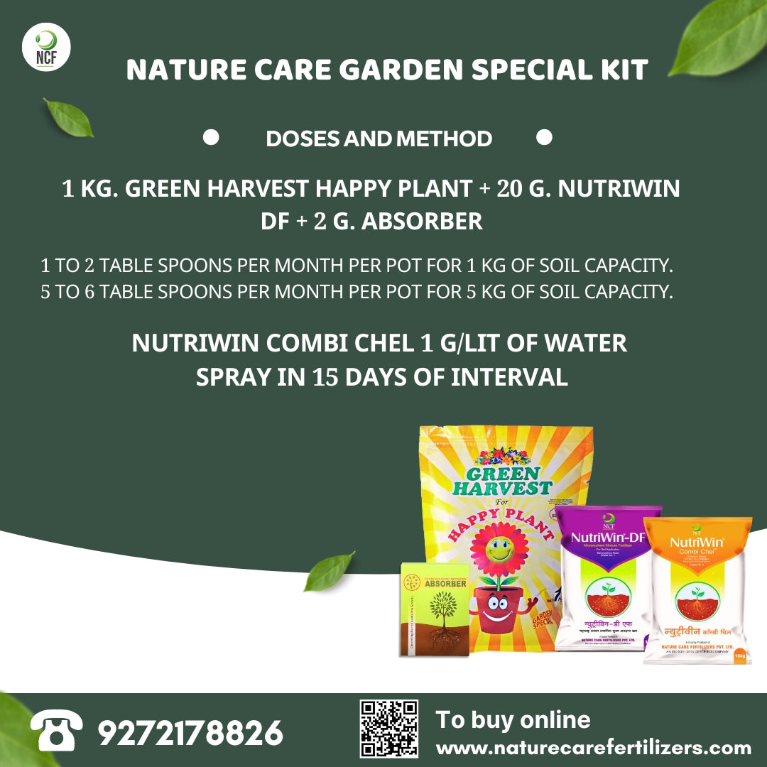 Nature Care Fertilizers organic garden fertilizer kit showing Green Harvest Happy Plant and Nutriwin products with usage instructions