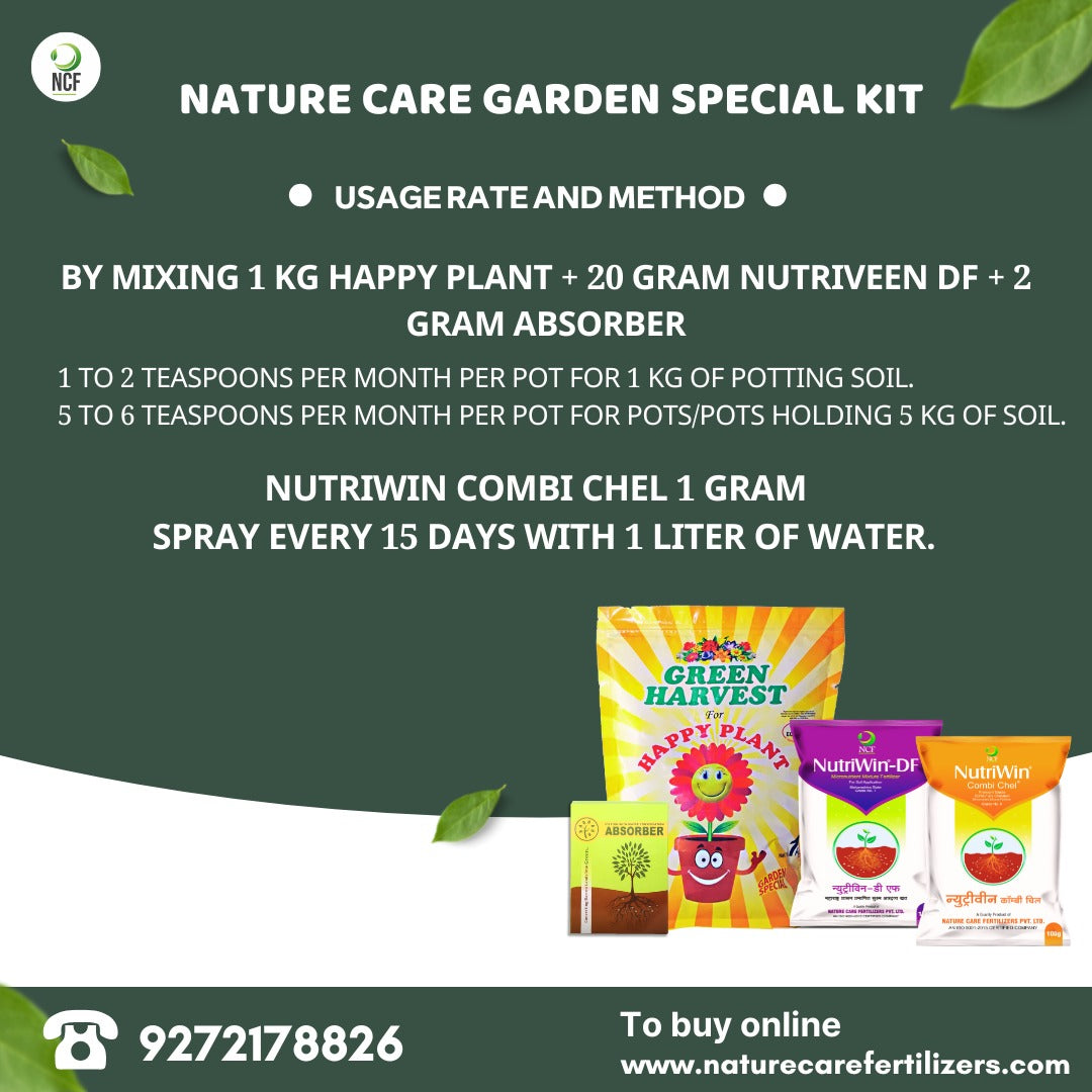 Nature Care Fertilizers organic garden fertilizer kit including Happy Plant, Nutriveen DF, and Absorber powders with usage instructions