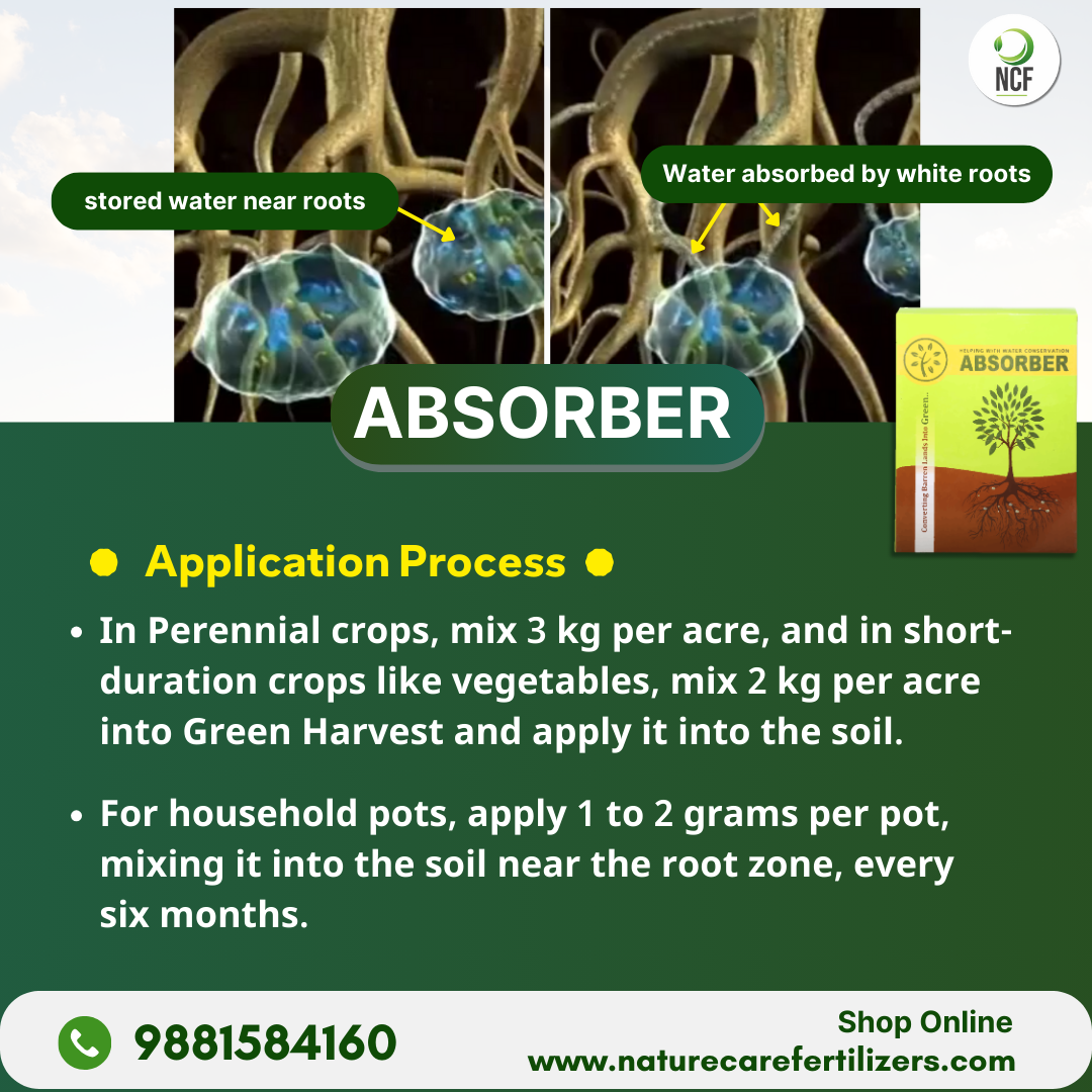 Nature Care Fertilizers organic soil absorber showing water stored near roots and absorbed by white roots with application instructions