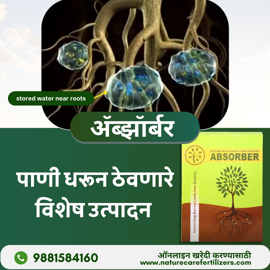 Nature Care Fertilizers organic soil absorber product packaging with water stored near plant roots concept