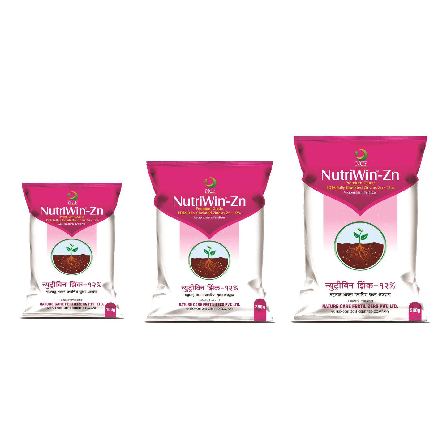 Nutriwin Zn Premium for crops fertilizer bags in 100g 250g and 500g sizes by Nature Care Fertilizers