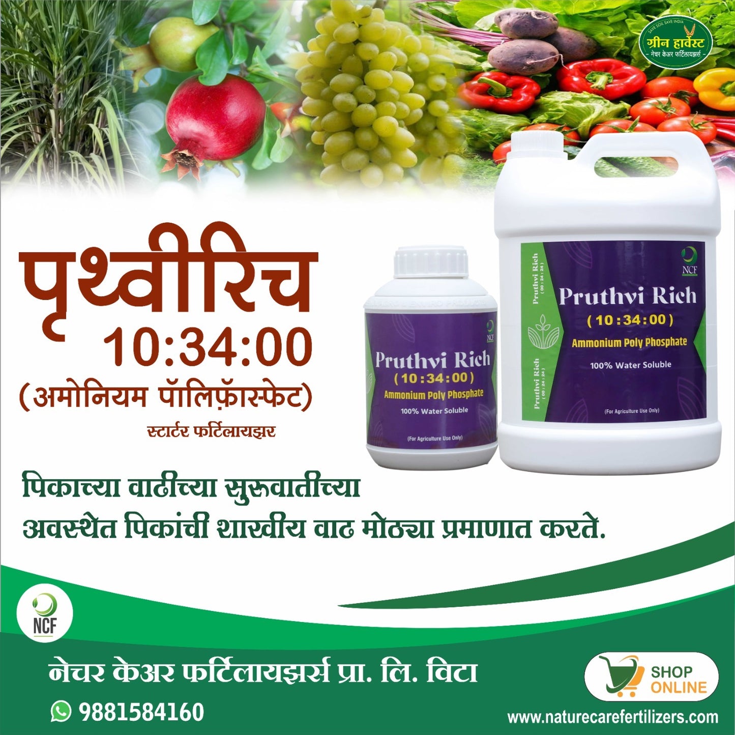 Nature Care Fertilizers Pruthvi Rich ammonium polyphosphate fertilizer 10-34-0 in white bottles with green and purple labels