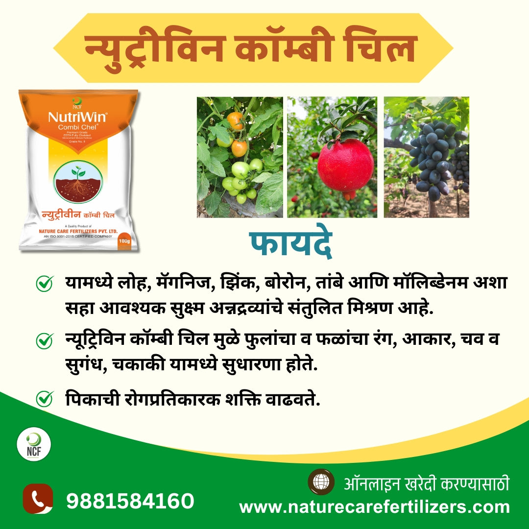 Nutriwin Combi Chel Premium for crops fertilizer bag with images of tomatoes, pomegranate, and grapes on plant