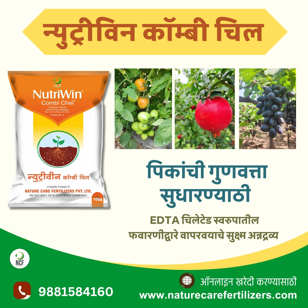 Nutriwin Combi Chel Premium for crops fertilizer pack by Nature Care Fertilizers with images of tomatoes, pomegranate, and grapes