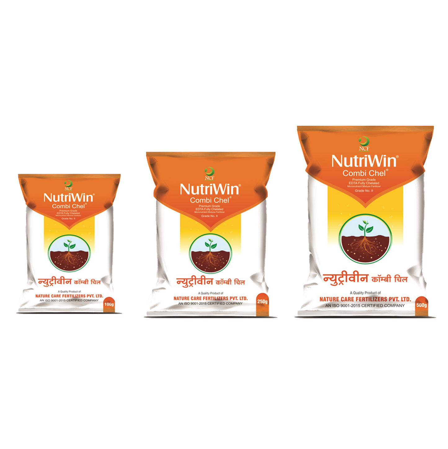 Nutriwin Combi Chel Premium for crops fertilizer bags in three different sizes by Nature Care Fertilizers