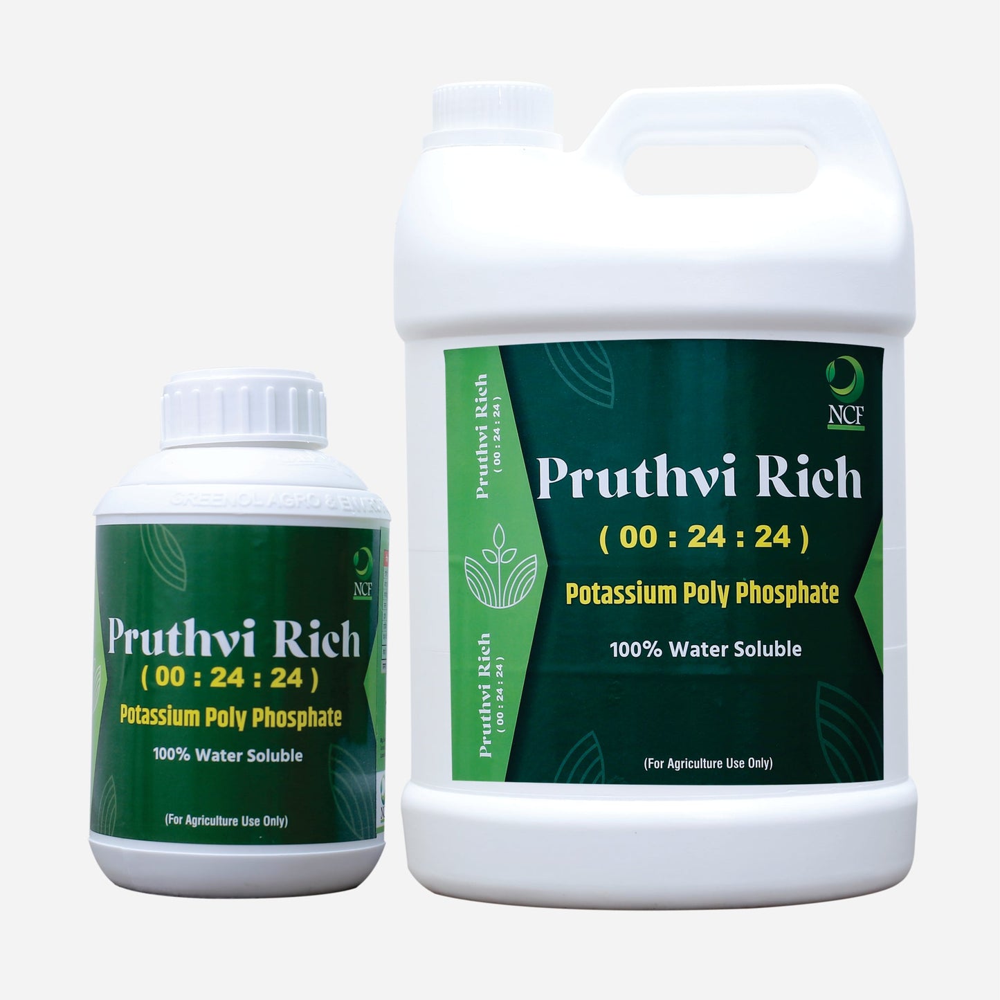 Nature Care Fertilizers Pruthvi Rich potassium polyphosphate fertilizer bottles with 100 percent water soluble formula