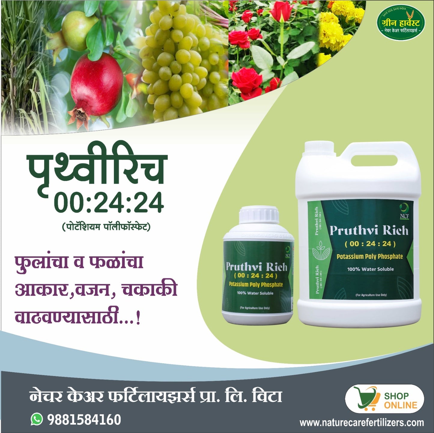Potassium polyphosphate fertilizer Pruthvi Rich bottles by Nature Care Fertilizers for flowers and fruit growth