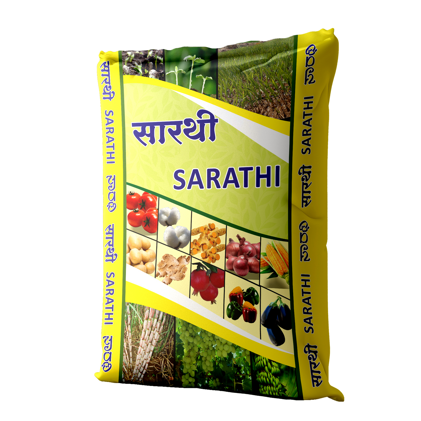 Sarathi organic fertilizer bag by Nature Care Fertilizers with images of various fruits and vegetables