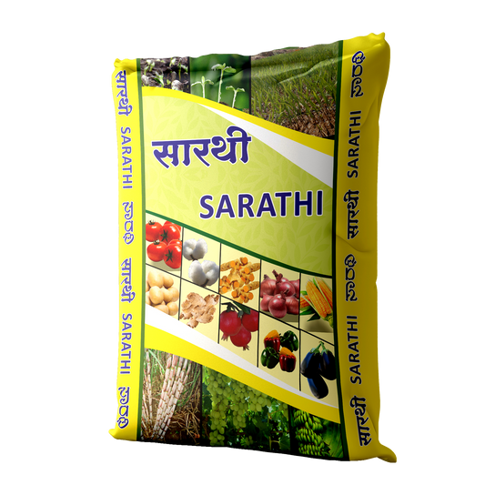 Sarathi organic fertilizer bag by Nature Care Fertilizers with images of various fruits and vegetables