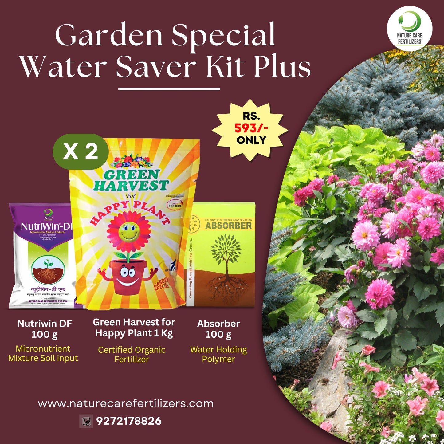 Garden Special Water Saver Kit Plus- Green Harvest Happy Plant pack of 2(1 KG each) , Absorber & Nutriwin DF 100gm Kit