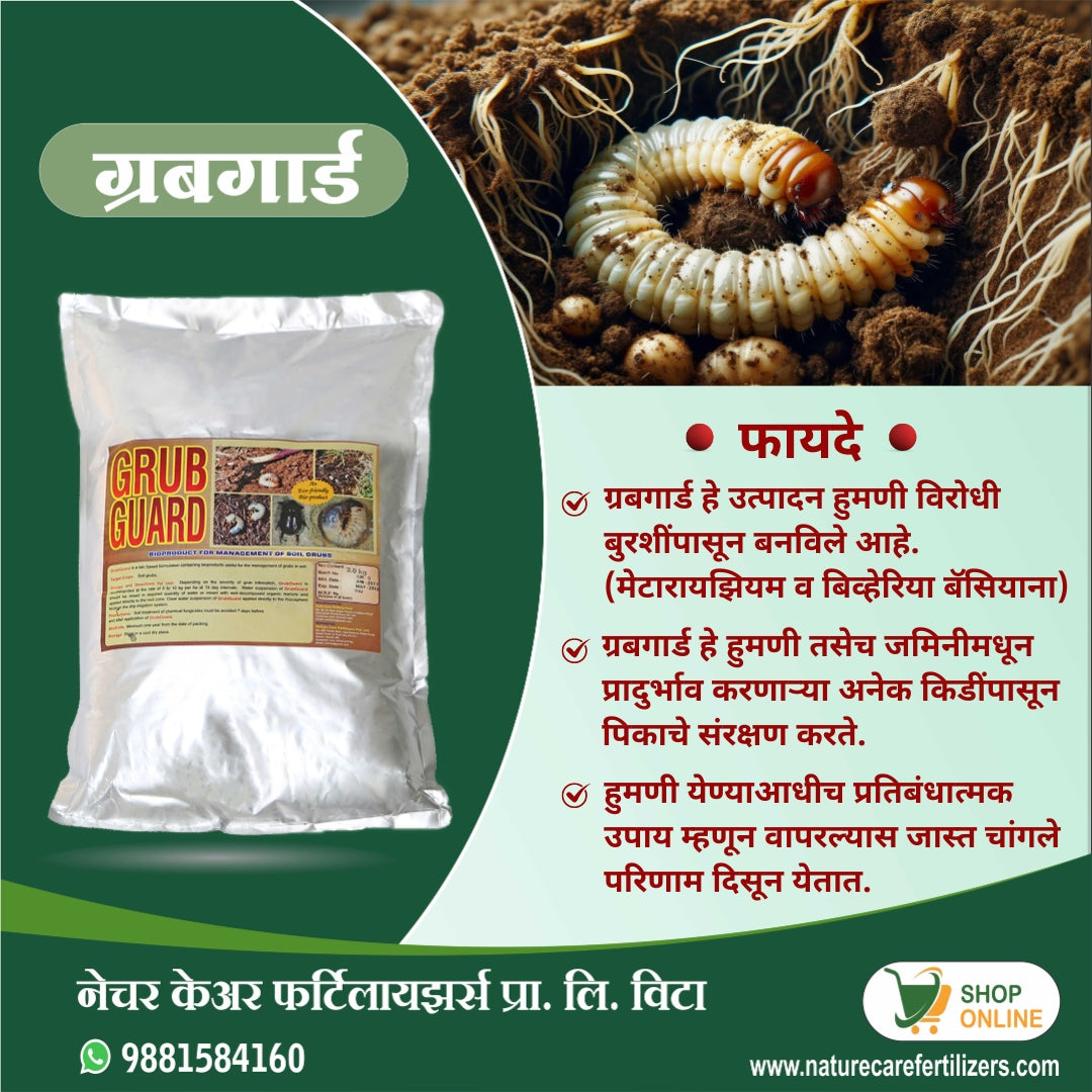 Nature Care Fertilizers organic grub control product packaging and close-up image of grubs in soil