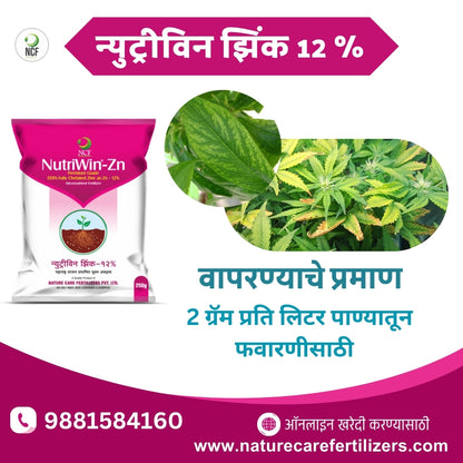Nature Care Fertilizers Nutriwin Zn Premium for crops pack with healthy green crop leaves showing zinc deficiency treatment
