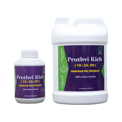 Nature Care Fertilizers Pruthvi Rich ammonium polyphosphate fertilizer bottles with 100% water soluble formula