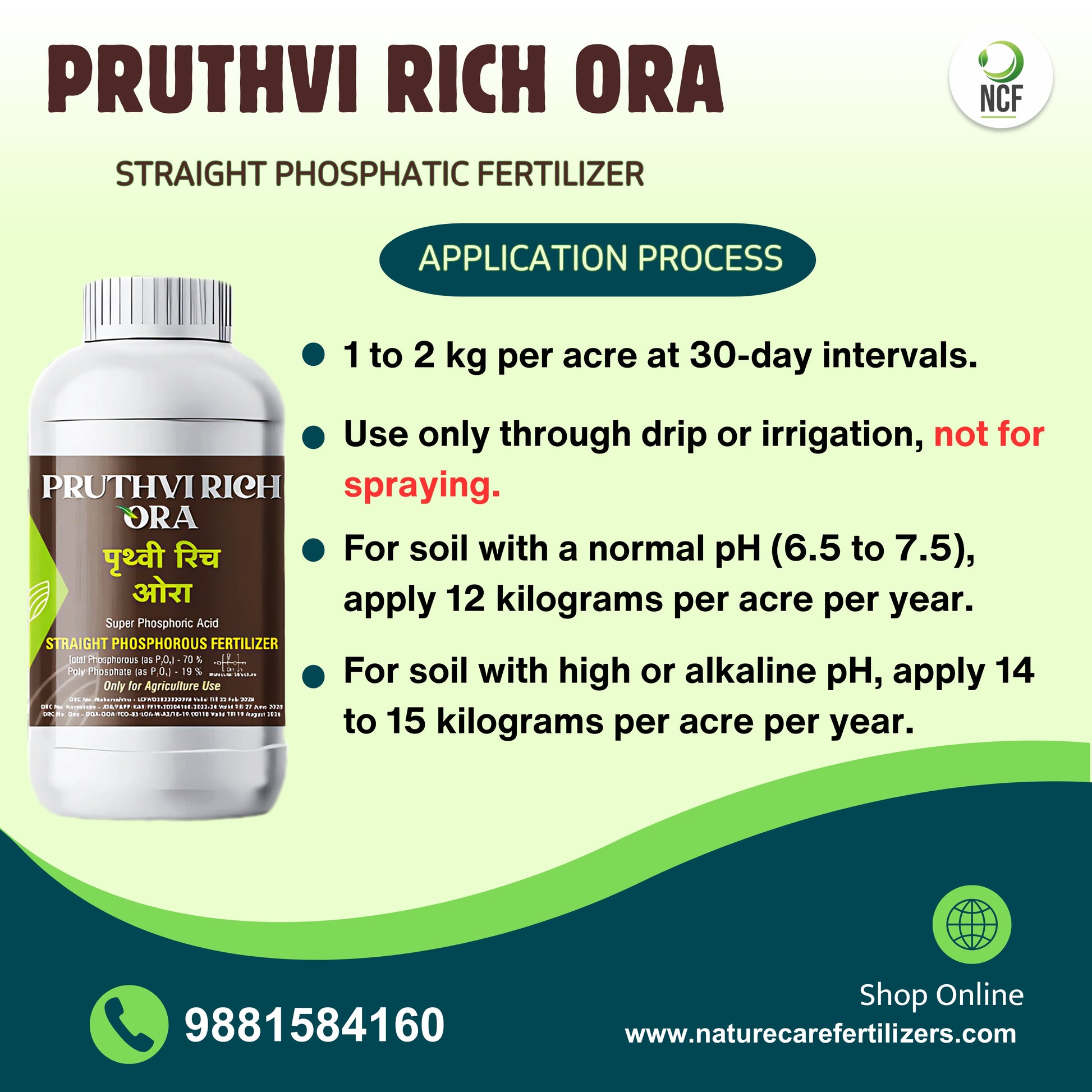 Pruthvi Rich Ora phosphorus supplement bottle with application instructions by Nature Care Fertilizers