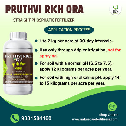 Pruthvi Rich Ora phosphorus supplement bottle with application instructions by Nature Care Fertilizers