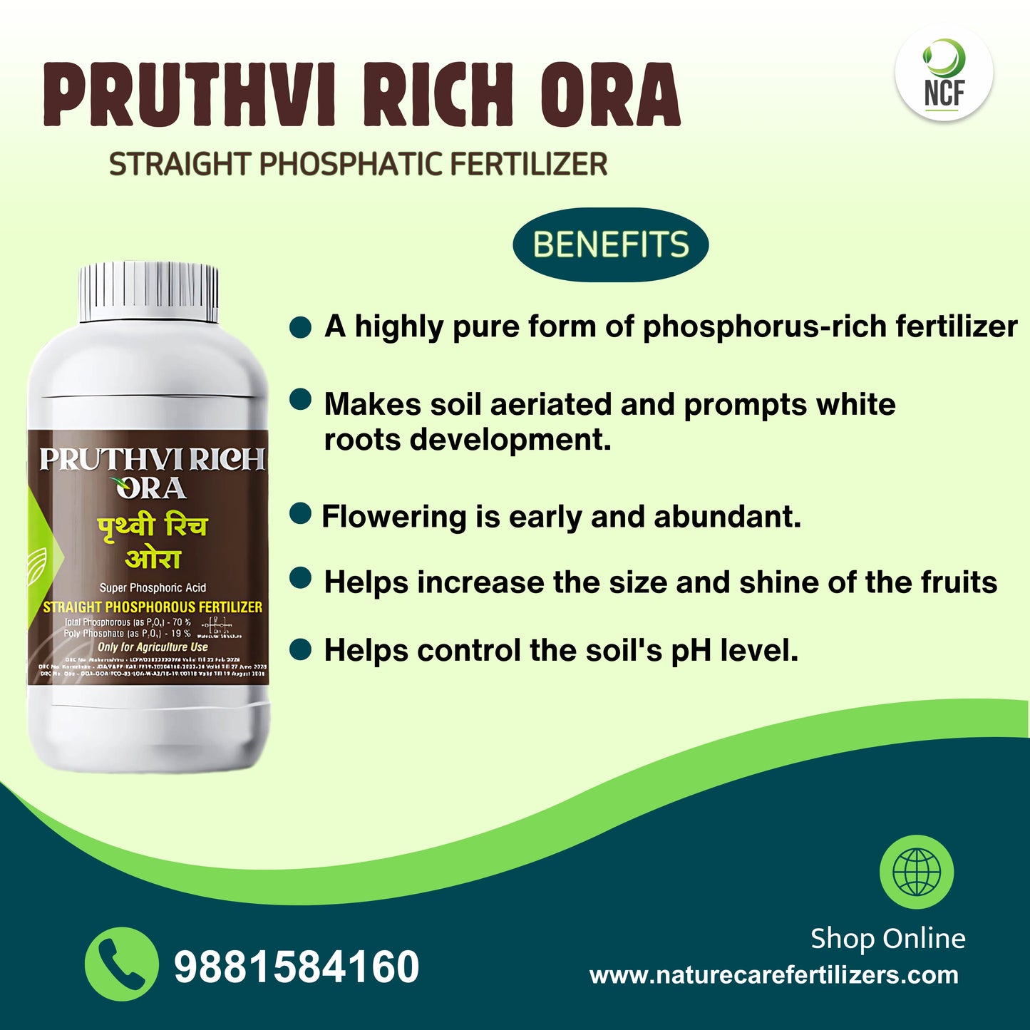 Pruthvi Rich Ora phosphorus supplement bottle by Nature Care Fertilizers with benefits listed