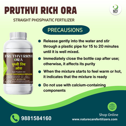 Pruthvi Rich Ora phosphorus supplement bottle with usage precautions by Nature Care Fertilizers