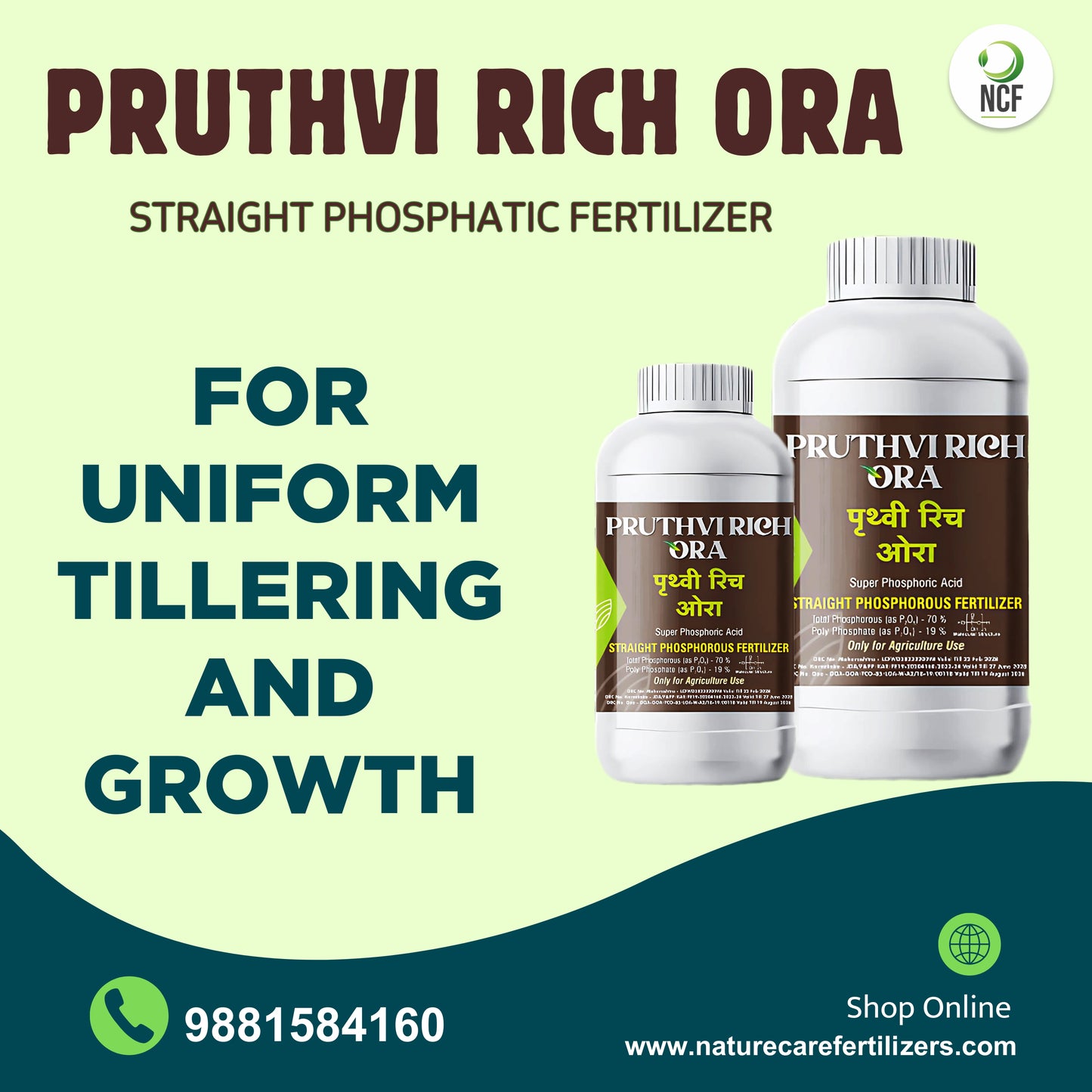Pruthvi Rich Ora phosphorus supplement bottles by Nature Care Fertilizers for uniform tillering and growth